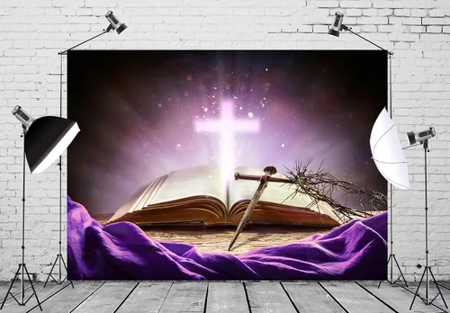 Miniatura 2 de BELECO Telón de fondo de tela de 5 x 3 pies con cruz de la Biblia sagrada, luz sagrada, crucifijo brillante, corona de espinas, creencia de Dios