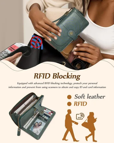 Miniatura 5 de TFKGS Billetera para mujer con bloqueo RFID de cuero, gran capacidad, porta tarjetas, cartera tipo embrague para teléfono, bolso largo de viaje