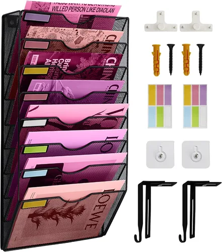 Miniatura 14 de Organizador de archivos de pared de malla con 1 bolsillo, organizador de archivos para colgar en la oficina, revistero, juego de ganchos