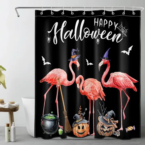 LB Cortina de ducha de feliz Halloween para baño, flamenco rosa y calabaza naranja con sombrero mágico, cortina de ducha de tela con ganchos, juego