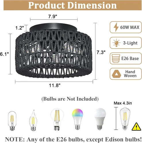 Miniatura 5 de Lámparas de Techo de Ratán para Montaje, Lámpara de Techo Empotrada Boho de 3 Luces, Iluminación de Lámpara con Pantalla de Jaula Tejida a Mano