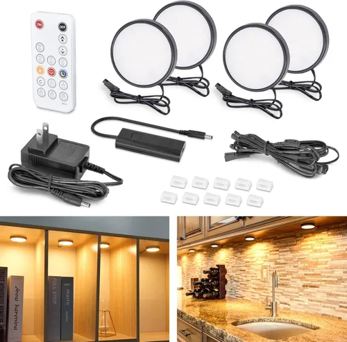 Miniatura 8 de WOBANE Luces LED de disco, kit de iluminación con cable para debajo del gabinete con control remoto, iluminación de mostrador regulable para cocina