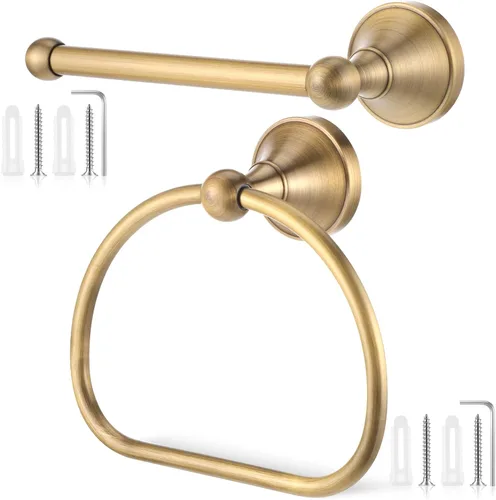 Juego de 2 toallas de mano antiguas y soporte de papel higiénico, anillo de toalla de latón, colgador de rollo de pañuelos, anillo de toallas de