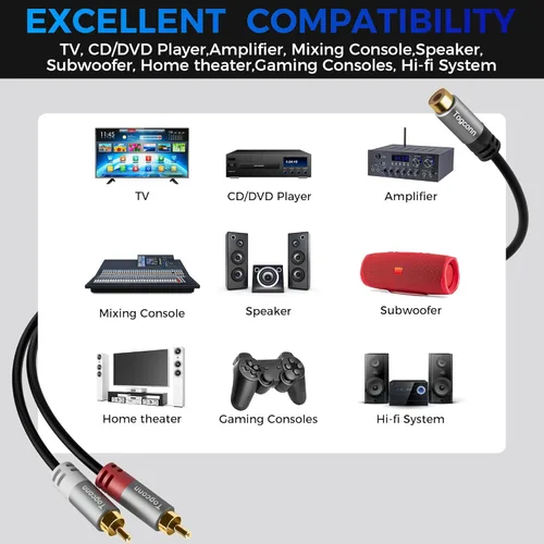 Miniatura 5 de Cable divisor adaptador en Y RCA, paquete de 4 unidades, 1 RCA hembra a 2 RCA macho estéreo de audio y video, cable de extensión para audio