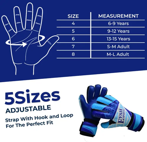 Miniatura 5 de Guantes de portero de fútbol para niños, jóvenes, guantes de portero de fútbol con protección para dedos y agarres dobles en la muñeca Azul