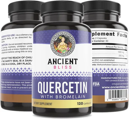 Miniatura 8 de Ancient Bliss Quercetina con bromelina Quercetina 1000 mg de bromelina 200 mg por porción Apoya el sistema inmunológico, la salud