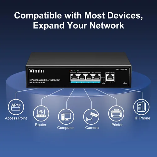 Miniatura 3 de Switch PoE Gigabit de 4 puertos con 1 puerto Gigabit de enlace ascendente, conmutador PoE Ethernet no administrado de 5 puertos VIMIN
