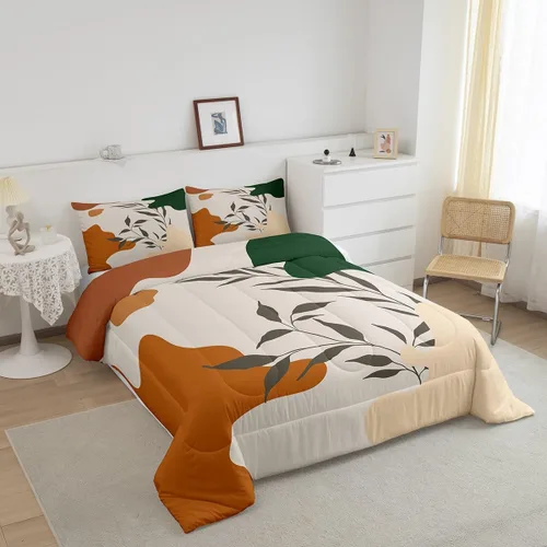 Miniatura 2 de Juego de edredón de hojas, tamaño King, color naranja y verde, juego de ropa de cama para niños y niñas, retro, exótico, arte moderno, abstracto
