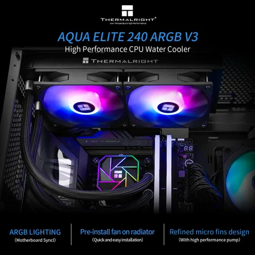 Miniatura 2 de Thermalright Aqua Elite 240 V3 - Enfriador líquido de CPU, tamaño de fila de enfriamiento de 240, 2 ventiladores PWM de 4.724 in, rodamientos S-FDB