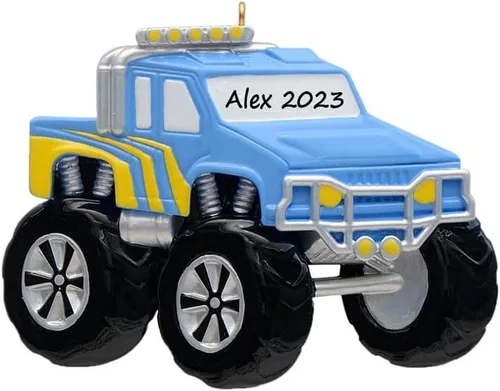 Adornos de Navidad personalizados de camión monstruo azul 2024, recuerdo de camión de ruedas grandes para niños y niñas