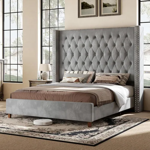 Miniatura 11 de PaPaJet Base de cama California King con cabecera de ala de 61.4 pulgadas de alto, plataforma tapizada de terciopelo, no necesita somier, sin ruido