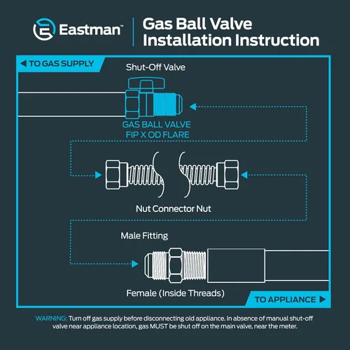 Miniatura 6 de Válvula de bola de gas recta Eastman de latón, 1/2 pulgada FIP x 15/16 pulgada OD Flare hembra, mango de 1/4 vuelta, 60031