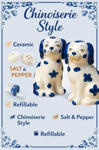 Miniatura 2 de Staffordshire Dogs Chinoiserie Decor - Juego de salero y pimentero decorativo azul, cerámica pintada a mano