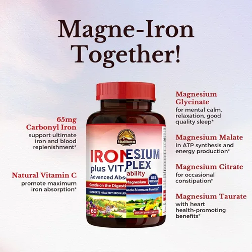 Miniatura 3 de Vitalitown Suplemento de complejo de magnesio de 500 mg y 65 mg de hierro para mujeres y hombres, para dormir, músculo, construcción de sangre