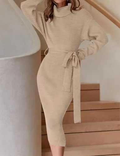 Miniatura 24 de ZESICA - Vestido por debajo de la rodilla de suéter, de cuello alto, para mujer, de manga larga, de punto acanalado, con abertura y cinturón