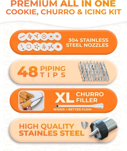 Miniatura 5 de KneadEat Premium Kit de 68 piezas para hacer churros - Pistola de prensa de galletas tipo spritz - Pistola de glaseado. 12 discos para galletas