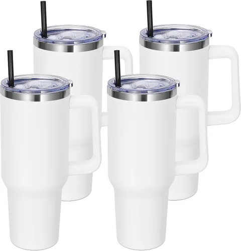 Miniatura 14 de DOMICARE Vaso de 40 oz con asa y pajita, vaso de acero inoxidable con tapa y pajita, reutilizable, aislado al vacío, taza para café de viaje