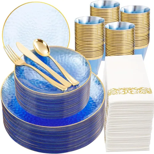 Miniatura 10 de DaYammi Juego de vajilla de plástico dorado transparente de 175 piezas, platos de plástico desechables martillados desechables para fiestas