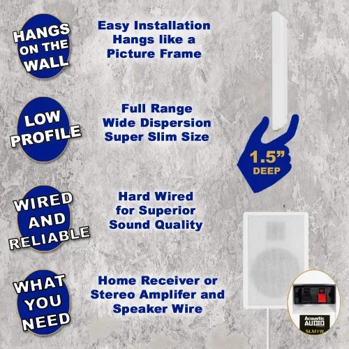 Miniatura 2 de Acoustic Audio SLM1W - Altavoces delgados para montaje en pared, sistema de cine en casa, con cable, paquete de 2 pares