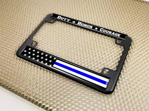 Miniatura 6 de Marco de matrícula de metal para motocicleta con línea azul delgada (rayas) diseño de bandera de Estados Unidos, color negro