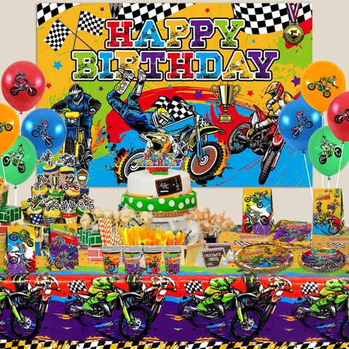 Miniatura 6 de Suministros de fiesta de motocross, incluye telón de fondo de feliz cumpleaños, plato, servilleta, vasos, adornos para pasteles, bolsas de regalo