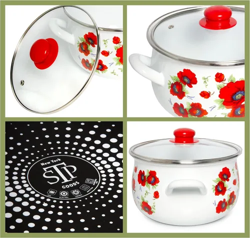 Miniatura 6 de Olla de aluminio esmaltado amapolas vientre cazuela profunda olla de cocina con tapa de vidrio Utensilios de cocina Olla de sopa (2.1 L)