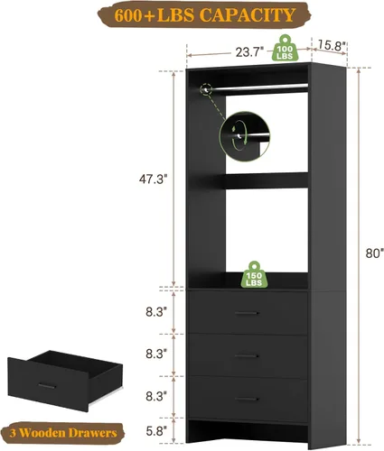 Miniatura 7 de Aheaplus - Sistema de armario de 2 pies con 3 cajones, organizador de armario de 24 pulgadas, sistema organizador de armario de madera