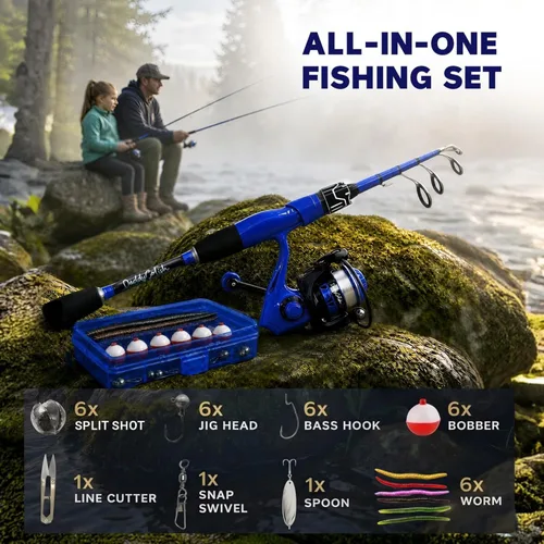 Miniatura 8 de DaddyGoFish Juego combinado de caña de pescar y carrete giratorio con caja de aparejos Caña de pescar para niños Kit de caña de pescar Azul