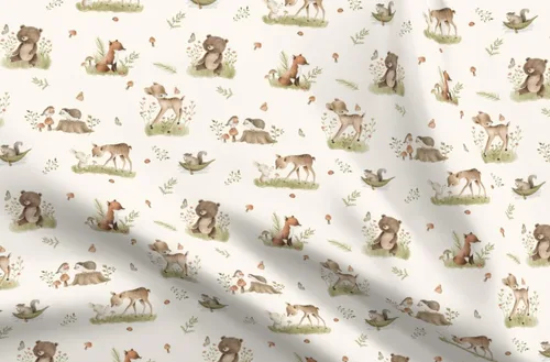 Spoonflower Tela - Woodland Baby Forest Animales Ciervos Oso Fox Neutral Vintage Primavera Impreso en Tela de Gasa Cuarto Grasa - Costura Ropa de