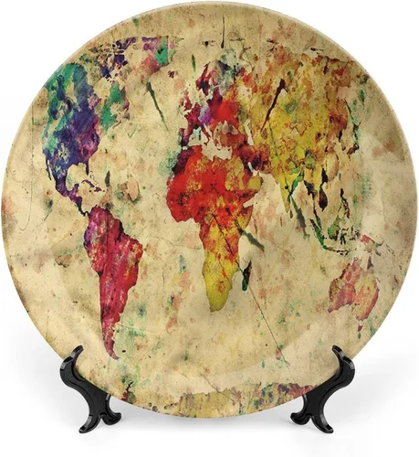 Plato decorativo de 6 pulgadas, placa retro de vajilla con mapa del mundo en grunge, placa de exhibición decorativa para mesa de comedor, decoración