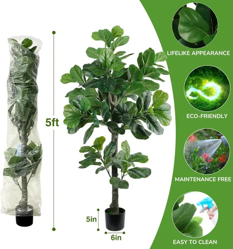 Miniatura 7 de Árbol de higuera artificial de hoja de violín de 5 pies de alto, planta de higuera falsa para interiores, planta de ficus iyrata falsa que incluye