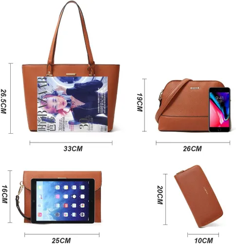 Miniatura 210 de Juego de 4 bolsas modernos para mujer de cuero sintético: bolso tote, bolso de hombro, bolso de mano y cartera.