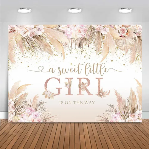 Miniatura 9 de Mocsicka Boho Hola Bebé Telón de Fondo Boho Chic Flores Rosas Baby Shower Fondo Una Dulce Pequeña Niña Está en Camino Decoraciones de Pastel