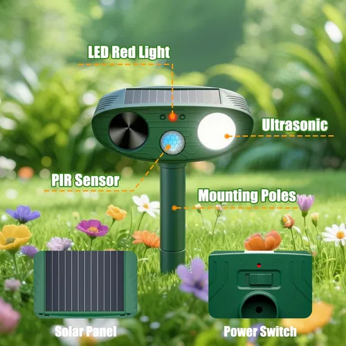 Miniatura 5 de Repelente solar ultrasónico de animales para exteriores, dispositivos repelentes de ciervos, ardilla, gato, mapache, conejo, perro, disuasión