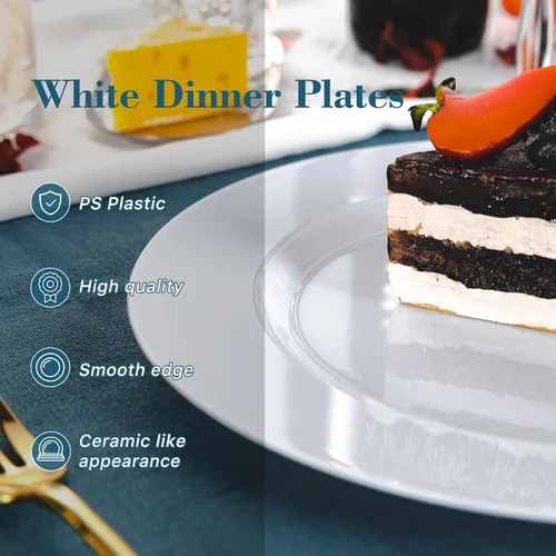 Miniatura 3 de N9R 100 platos de plástico blanco, platos desechables de plástico resistente de 10.25 pulgadas, platos llanos elegantes de primera calidad