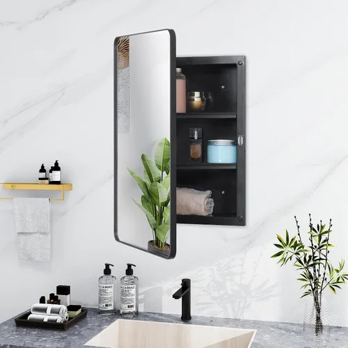 Miniatura 10 de Fundin Gabinete de medicina de plástico negro, puerta de espejo con marco de metal de esquinas redondas, gabinete de medicina de baño empotrado