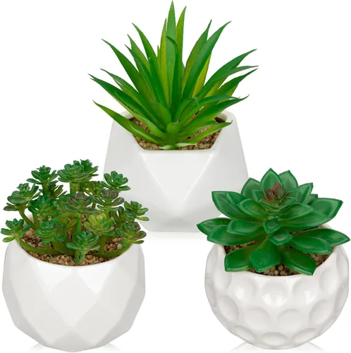 Miniatura 12 de Briful Plantas suculentas artificiales en macetas de cerámica, juego de 3 suculentas artificiales con macetas geométricas negras, decoración moderna