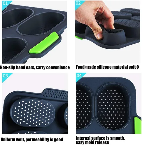 Miniatura 6 de Sartén de silicona para baguette, antiadherente, sin BPA, gris, 12 x 2.5 x 2.5 pulgadas