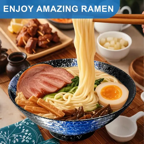 Miniatura 5 de Juego de 2 cuencos de cerámica para ramen de 8 pulgadas (9 piezas) – Tazones grandes de porcelana japonesa para ensalada, fideos, cereales, frutas