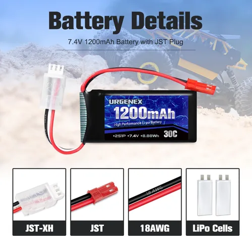Miniatura 3 de Batería Lipo de 7.4 V con enchufe JST 2S 30C (60 C) batería de litio recargable de 1200 mAh compatible con UDIRC Cheewing y la mayoría de coches RC