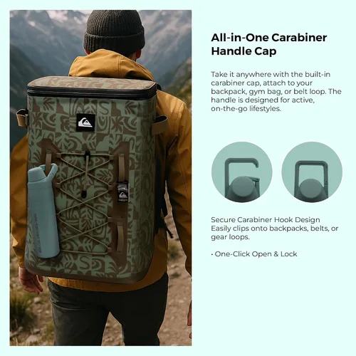 Miniatura 5 de Quiksilver Botella de agua de acero inoxidable de 24 onzas, vaso con aislamiento de boca ancha con gancho para mosquetón, acero 18/8, frío las 24