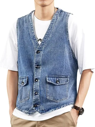 Miniatura 9 de LONGBIDA Chaleco de mezclilla para hombre, casual, ajustado, sin mangas, para exteriores