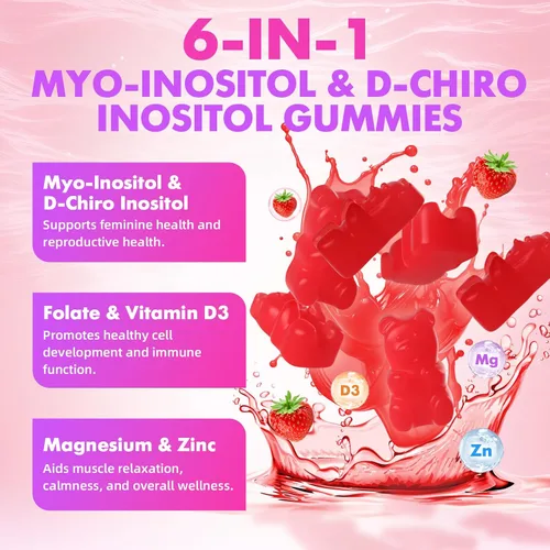 Miniatura 4 de softbear Suplemento de inositol para mujeres, gomitas de mio-inositol y D-Chiro inositol de 1000 mg con vitamina D3 para apoyo POCS y bienestar