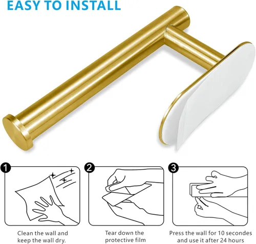 Miniatura 6 de Soporte para papel higiénico autoadhesivo, sin taladrar para baño, baño, baño, soporte de pared, acero inoxidable (dorado)