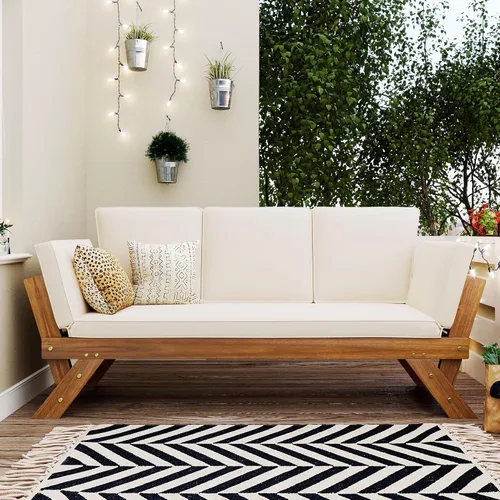 Miniatura 10 de Harper & Bright Designs Sofá convertible para exteriores con reposabrazos ajustable, sofá de madera maciza para patio con cojines, acabado Acabado