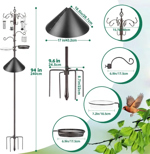 Miniatura 3 de Kit de estación de alimentación para pájaros con polea anti-ardilla, poste para comedero con jaula para sebo, bandeja de malla, gancho para frutas