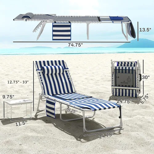 Miniatura 3 de Outsunny Silla bronceadora con agujero frontal, mesa auxiliar, sillón reclinable plegable de 5 posiciones, tumbona reclinable, correas de transporte