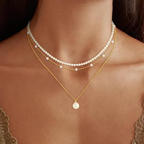 Miniatura 2 de Collares de perlas para mujer, a la moda, chapado en oro de 18 quilates, collar de perlas en capas, collar y aretes de perlas delicadas, pulseras