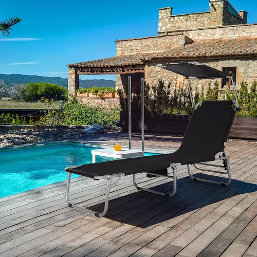 Miniatura 2 de Giantex Tumbona plegable para exteriores, silla de bronceado portátil con 5 posiciones ajustables, toldo de 360°, bolsillo de almacenamiento