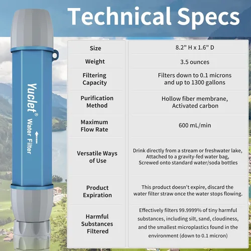 Miniatura 7 de YWF01 - Paja de filtro de agua para supervivencia al beber, filtro de agua portátil, sistema de filtración de agua, equipo y suministros para Azul